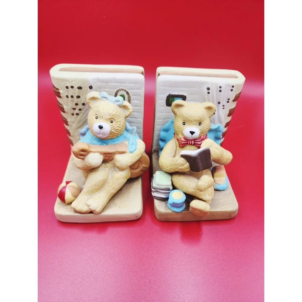 Teddy Bear Vintage Ceramic Bookends Boy Book‎ & Girl Music Shelf Decor Bear Set